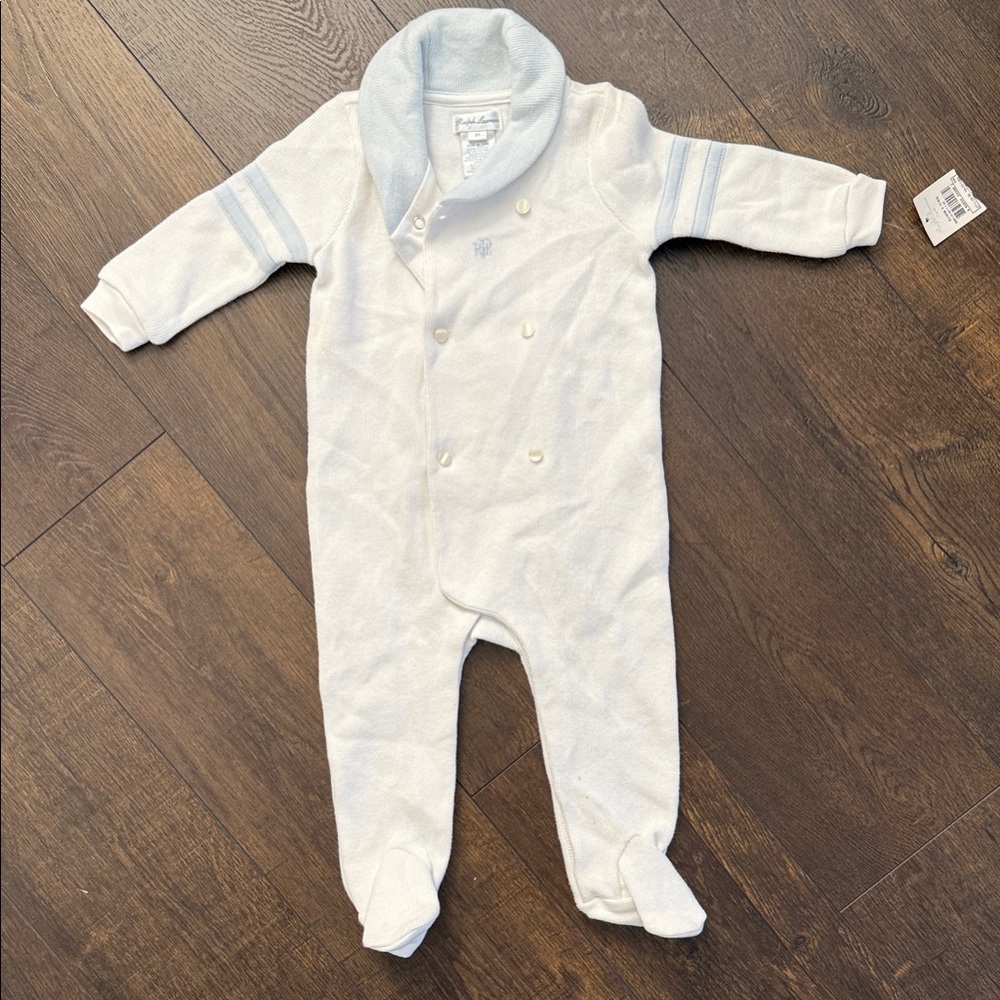 Ralph Lauren - 9 month - White and Light Blue Baby Footie